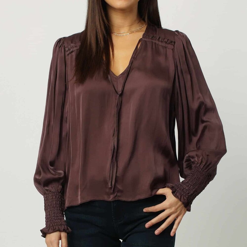 NWT - Dear John Amelia Tie Neck Top in Dark Oak Burgundy